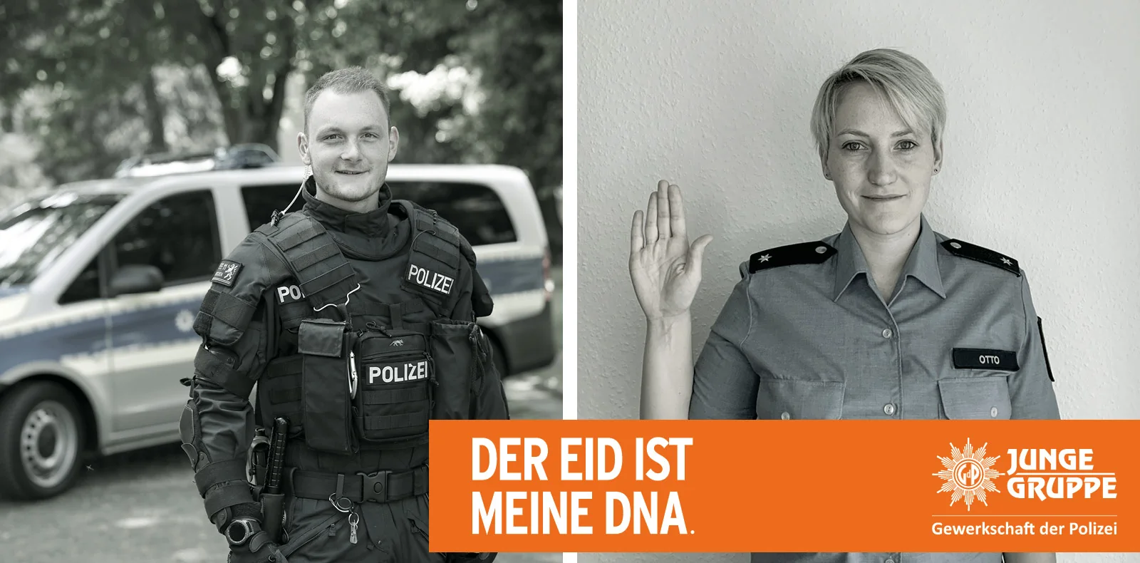 Personen Plakat 2 der Kampagne Unser Eid und dargestelltem Schriftzug "Der Eid ist meine DNA".