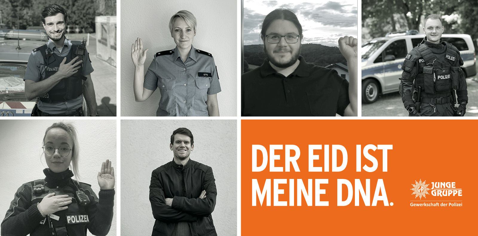Personen Plakat 4 der Kampagne Unser Eid und dargestelltem Schriftzug "Der Eid ist meine DNA".